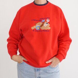 Red Crewneck Sweater with Dog Graphic